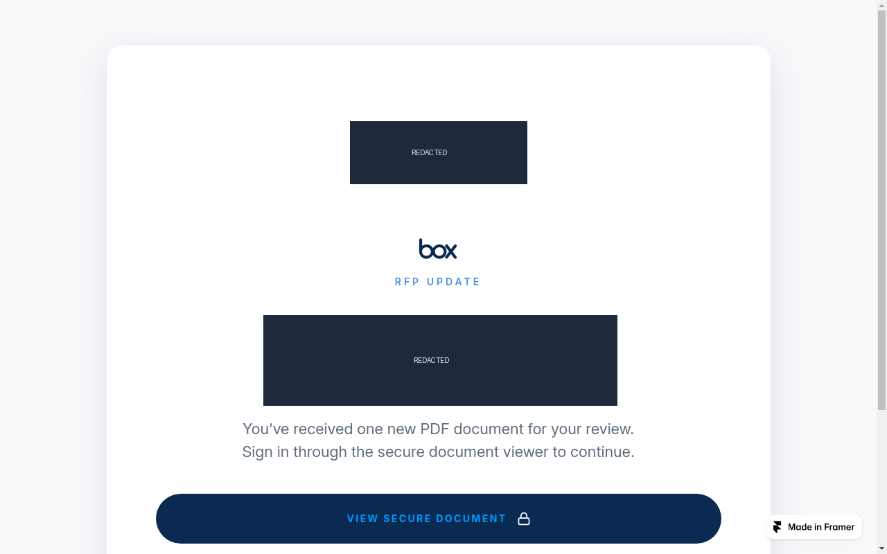 Stage 2: the Framer-hosted decoy page. The impersonated studio's name and logo are redacted; the Box branding and "VIEW SECURE DOCUMENT" button are the attacker's.