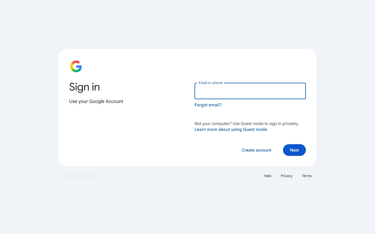 The real Google sign-in page, streamed into the victim's browser frame by frame from the attacker's box.
