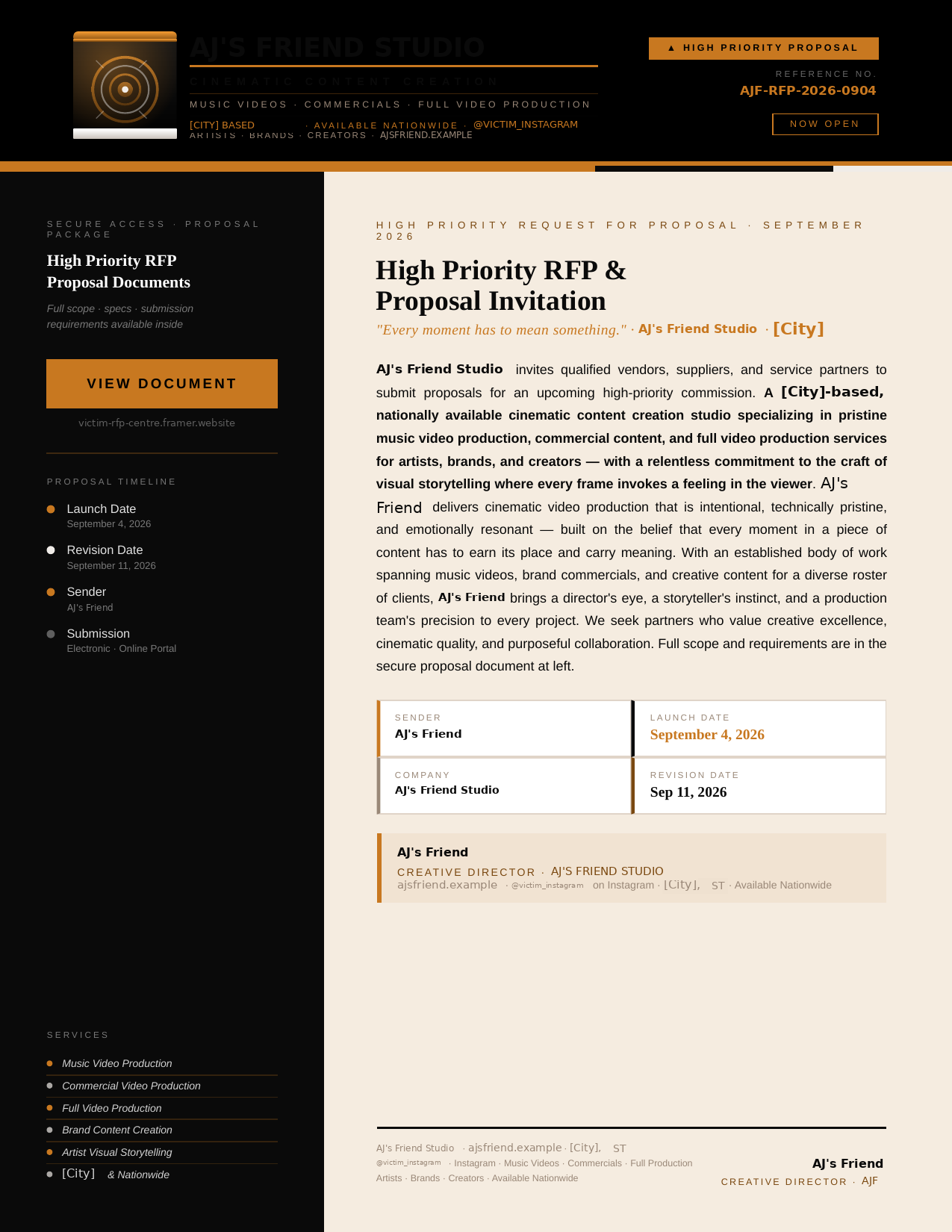 The lure PDF as the victim saw it. A one-page RFP invitation with a single hyperlink behind the VIEW DOCUMENT button. The studio's name, domain, social handle, reference number and location are replaced with placeholders.