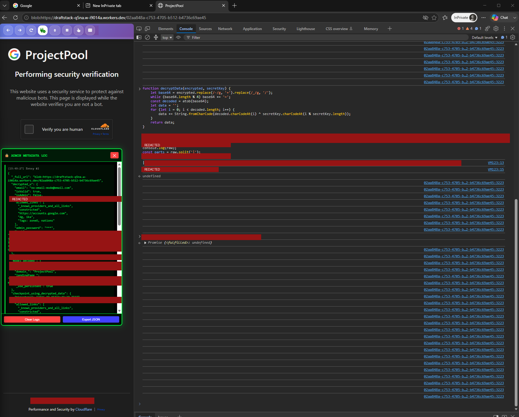 The kit's page with developer tools open: the client-side decrypt routine, the decoded operator configuration, and the console printing the admin password.