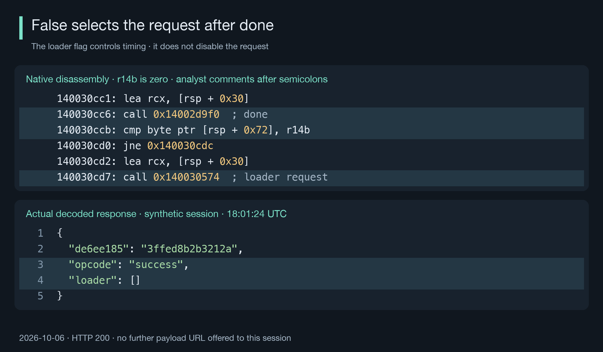 Native disassembly showing the loader call after done, followed by the decoded empty loader response.